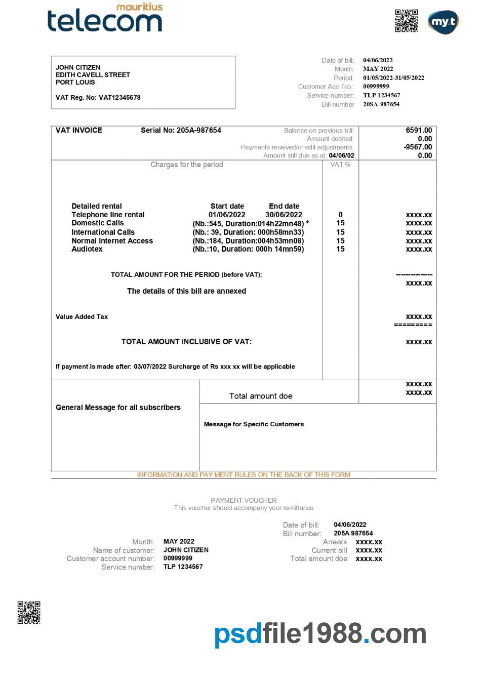 Mauritius Telecom Mauritius Utility Bill